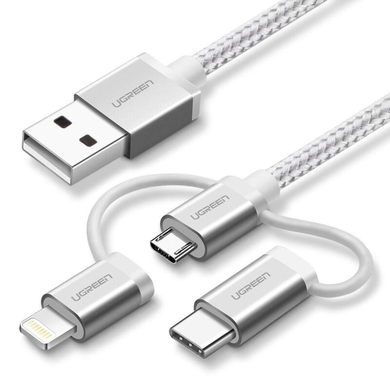 Ugreen 3ü 1 Arada Örgülü iPhone Type-C Micro USB Şarj Kablosu Silver 1.5 Metre - 1