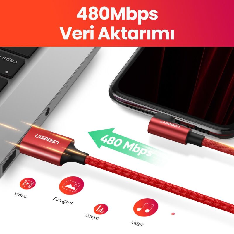 Ugreen 90 Derece Açılı Lightning iPhone Şarj ve Data Kablosu Kırmızı 1 Metre - 9