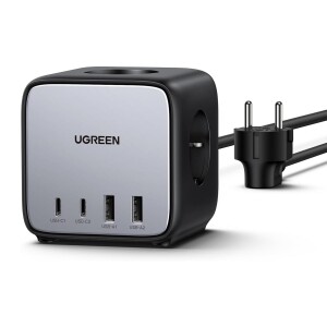 Ugreen DigiNest Cube 65W GaN 2 Hızlı Şarj Cihazı 2*USB / 2*Type-C 3 lü Akım Korumalı Küp Grup Priz - 1