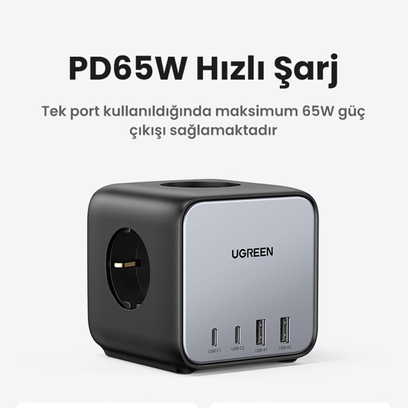 Ugreen DigiNest Cube 65W GaN 2 Hızlı Şarj Cihazı 2*USB / 2*Type-C 3 lü Akım Korumalı Küp Grup Priz - 4