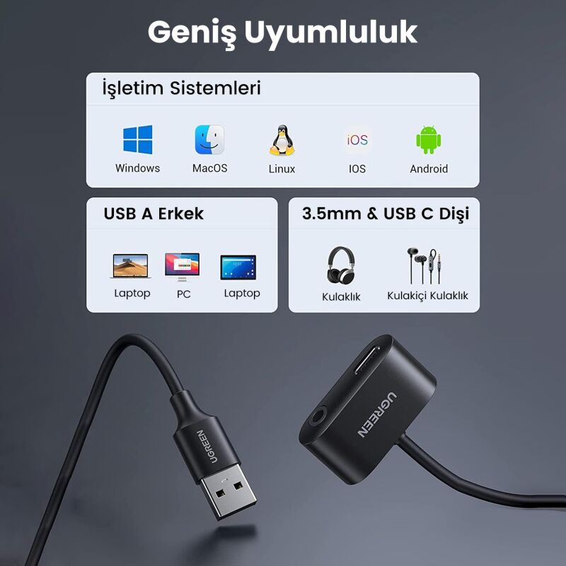 Ugreen Harici USB to Type-C 3.5mm Aux Girişli USB Ses Kartı - 5