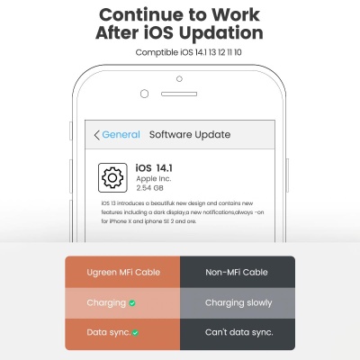 Ugreen iPhone Lightning 2.4A Data ve Şarj Kablosu Siyah 2 Metre - 11