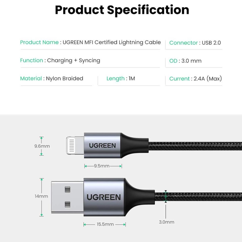 Ugreen Lightning iPhone Örgülü Data ve Şarj Kablosu Beyaz 2 Metre - 7