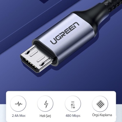 Ugreen Micro USB Örgülü Data ve Şarj Kablosu Beyaz 1 Metre - 2