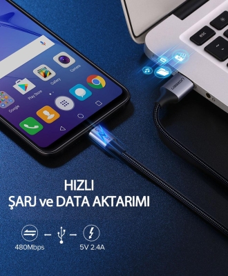 Ugreen Micro USB Örgülü Data ve Şarj Kablosu Beyaz 1 Metre - 3