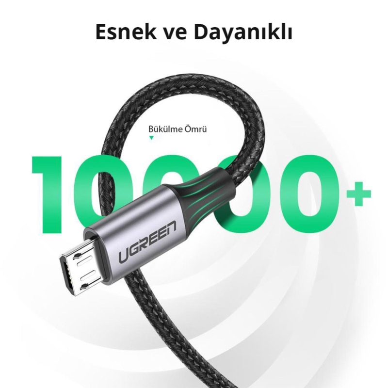 Ugreen Micro USB Örgülü Data ve Şarj Kablosu Beyaz 1 Metre - 4