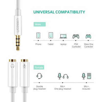 Ugreen Mikrofon ve Kulaklık Ayırıcı 3.5mm Y Kablo Beyaz - 13