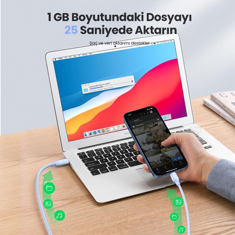 Ugreen Type-C to Lightning iPhone Data ve Şarj Kablosu Mavi 1.5 Metre - 7