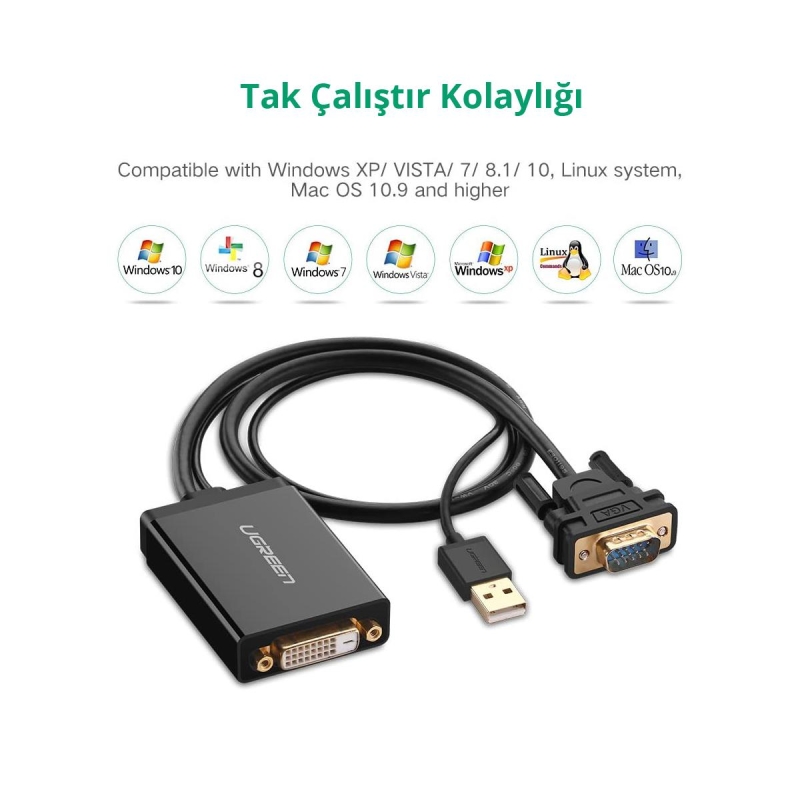 Ugreen VGA USB to DVI-D 24+1 Dişi Görüntü Aktarma Kablosu - 7