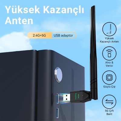 VegGieg 650 Mbps 2.4GHz/5GHz Dual Band Alıcı Verici USB WiFi Adaptör - 2