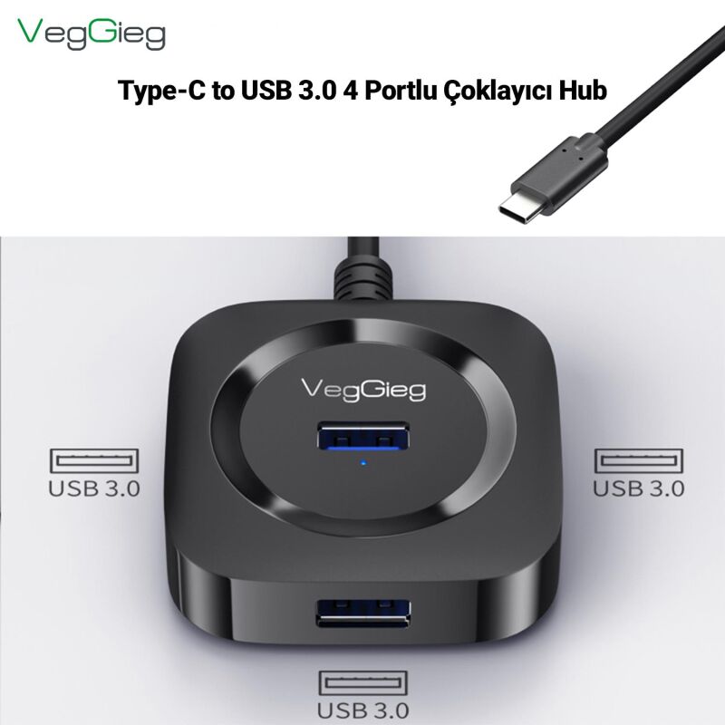 VegGieg 4 Portlu Type-C to USB 3.0 Çoklayıcı Hub Siyah - 4