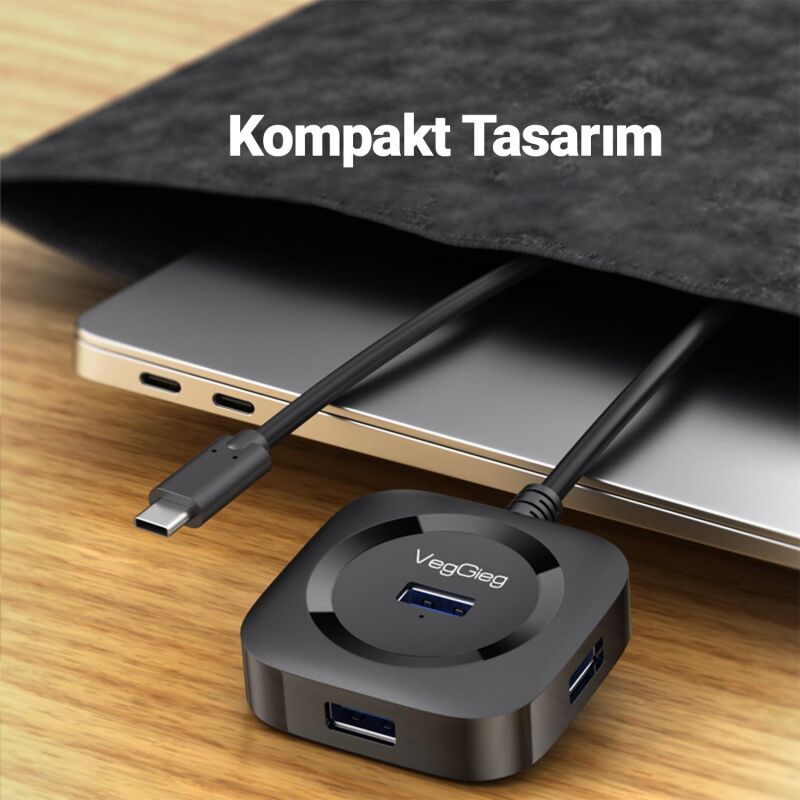 VegGieg 4 Portlu Type-C to USB 3.0 Çoklayıcı Hub Siyah - 5