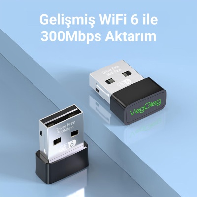 VegGieg 300 Mbps Wifi 6 Çift Bant Kablosuz Alıcı Verici Nano USB Adaptör - 2