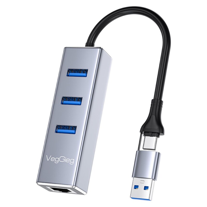 VegGieg USB ve Type-C Gigabit Ethernet Adaptörü 3 Port USB 3.0 Çoklayıcı Hub - 1