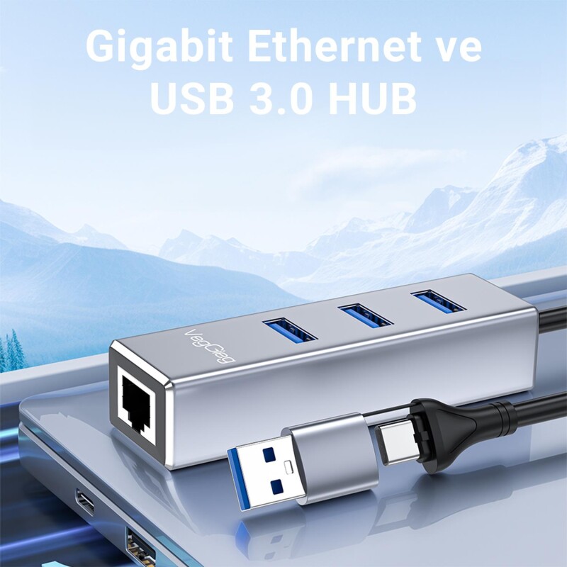 VegGieg USB ve Type-C Gigabit Ethernet Adaptörü 3 Port USB 3.0 Çoklayıcı Hub - 3