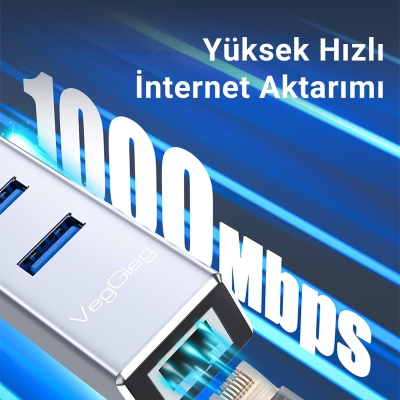 VegGieg USB ve Type-C Gigabit Ethernet Adaptörü 3 Port USB 3.0 Çoklayıcı Hub - 4