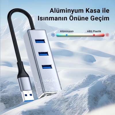 VegGieg USB ve Type-C Gigabit Ethernet Adaptörü 3 Port USB 3.0 Çoklayıcı Hub - 5