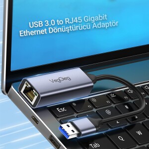 VegGieg USB 3.0 Gigabit 1000Mbps RJ45 Ethernet Dönüştürücü Adaptör Gri - 5