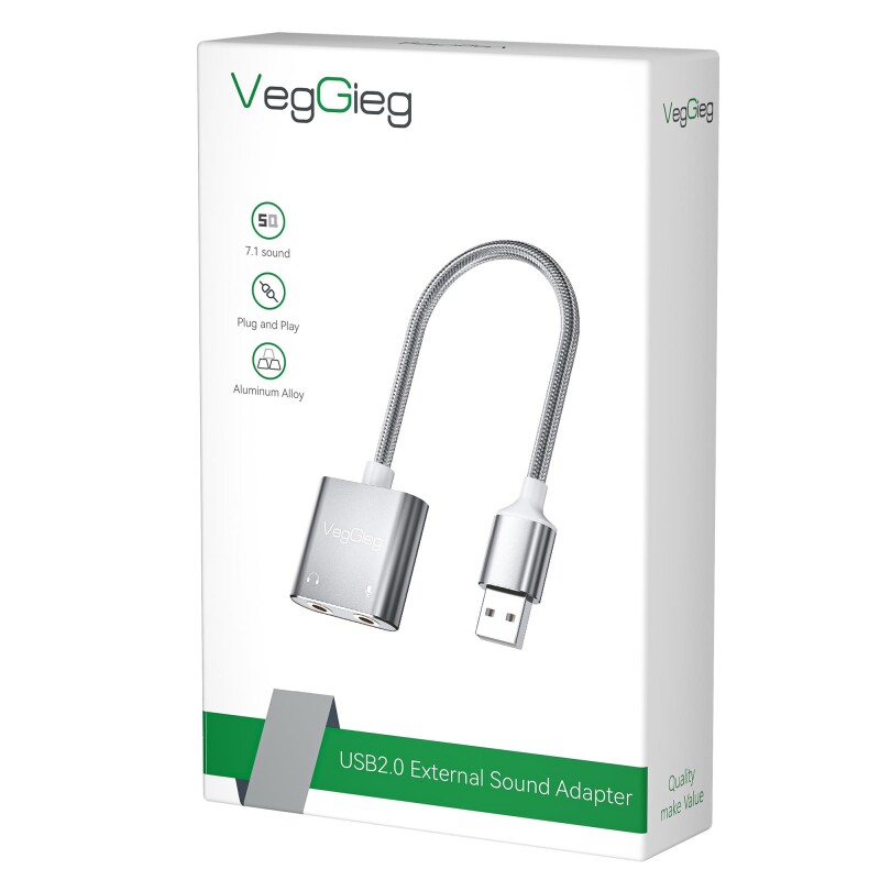 VegGieg USB Ses Kartı 3.5mm Kulaklık ve Mikrofon Girişli Gri - 1