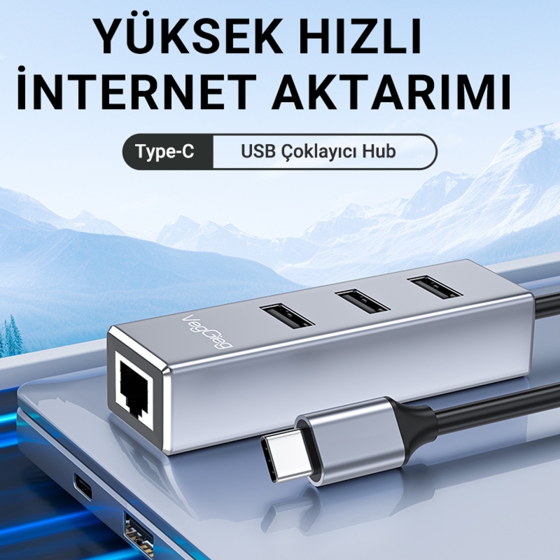 Veggieg USB Type-C to 100Mbps Ethernet Çevirici ve 3 Portlu USB Hub Çoklayıcı - 2