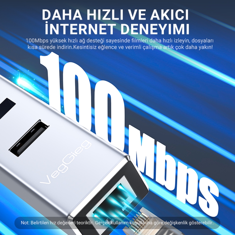 Veggieg USB Type-C to 100Mbps Ethernet Çevirici ve 3 Portlu USB Hub Çoklayıcı - 4