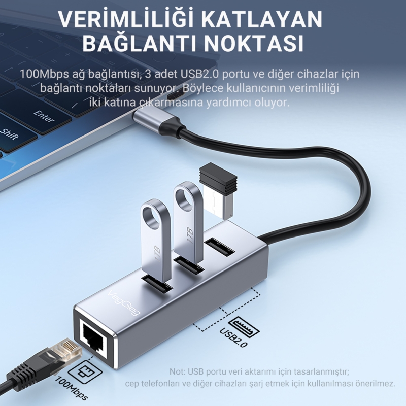 Veggieg USB Type-C to 100Mbps Ethernet Çevirici ve 3 Portlu USB Hub Çoklayıcı - 5