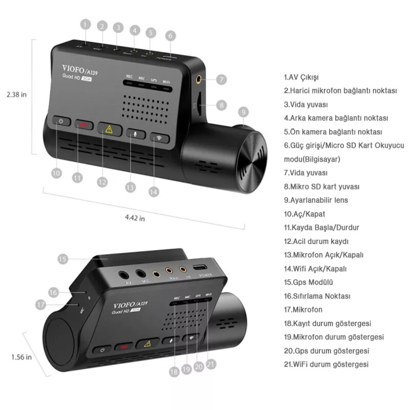 Viofo A139 2 Kameralı Ön-Arka 2K 1440P 5GHz WiFi GPS'li Araç Kamerası - 7