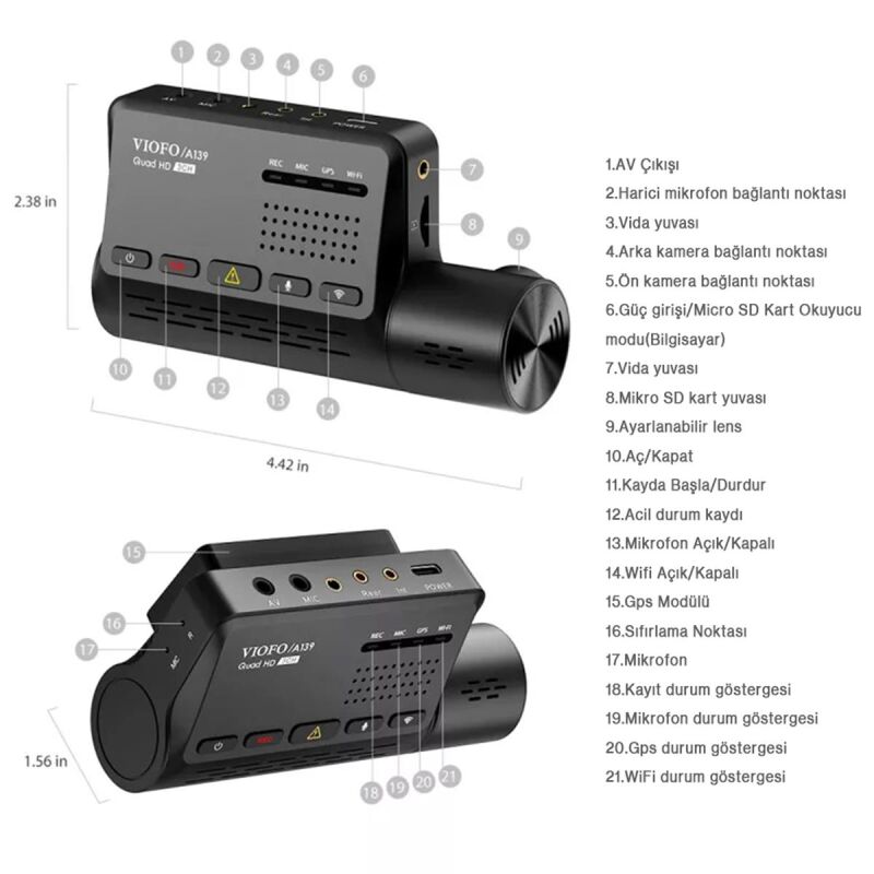 Viofo A139 3 Kameralı Ön-Arka-iç 2K 1440P 5GHz WiFi GPS'li Araç Kamerası - 8