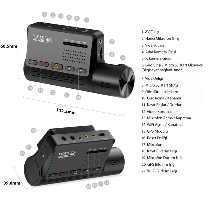 Viofo A139 Pro 3 Kameralı Ön-Arka-iç 4K HDR 5GHz WiFi GPS'li Araç Kamerası - 6