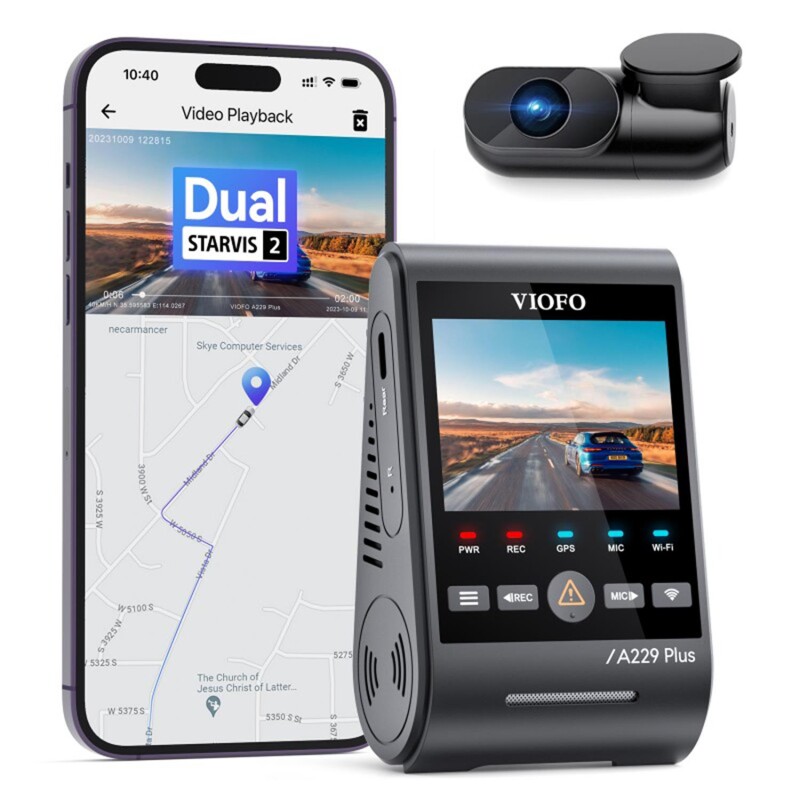 Viofo A229 Plus 2 Kameralı Ön+Arka 2K+2K HDR Sony Starvis 2 Sensörlü Wi-Fi GPS'li Araç Kamerası - 2